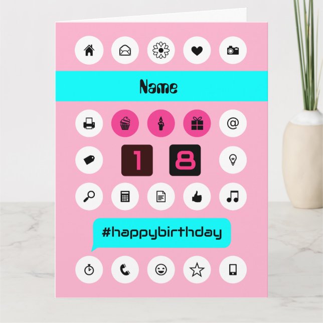 Carte Ajouter nom 18ème hashtag anniversaire grand rose (Devant)