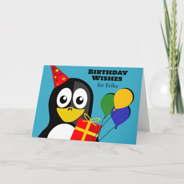 Carte Ajouter un nom Anniversaire avec pingouin (Devant)