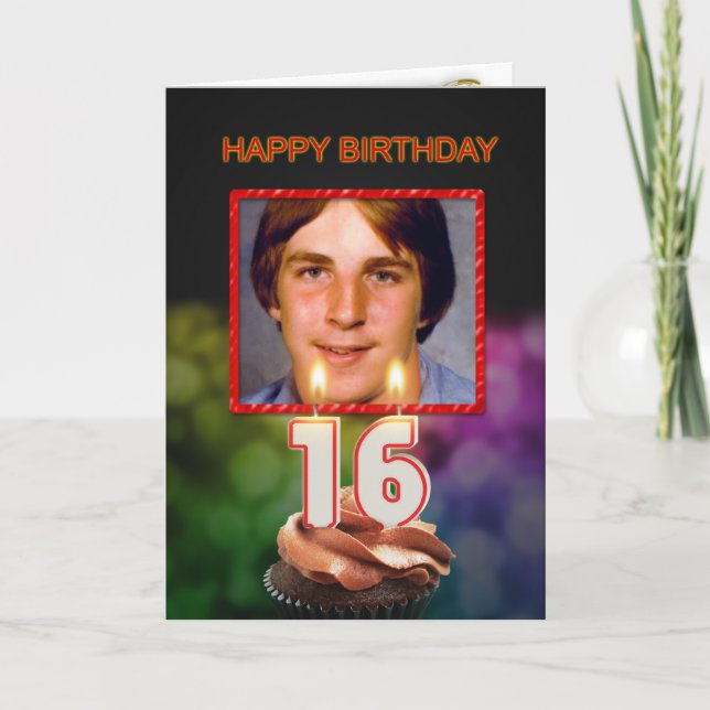 Carte Ajouter une photo, 16ème anniversaire avec gâteau  (Devant)