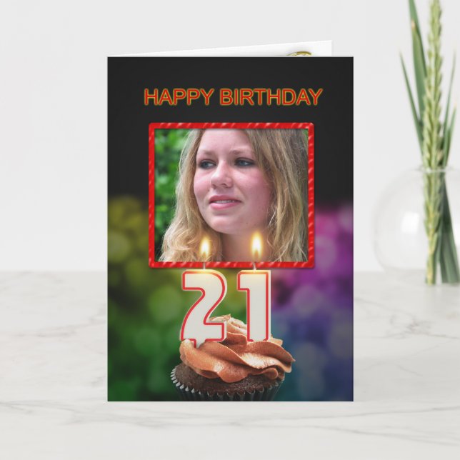 Carte Ajouter une photo, 21e anniversaire avec gâteau et (Devant)