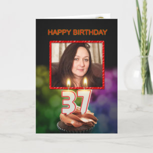 Carte Ajouter une photo, 37ème anniversaire avec gâteau