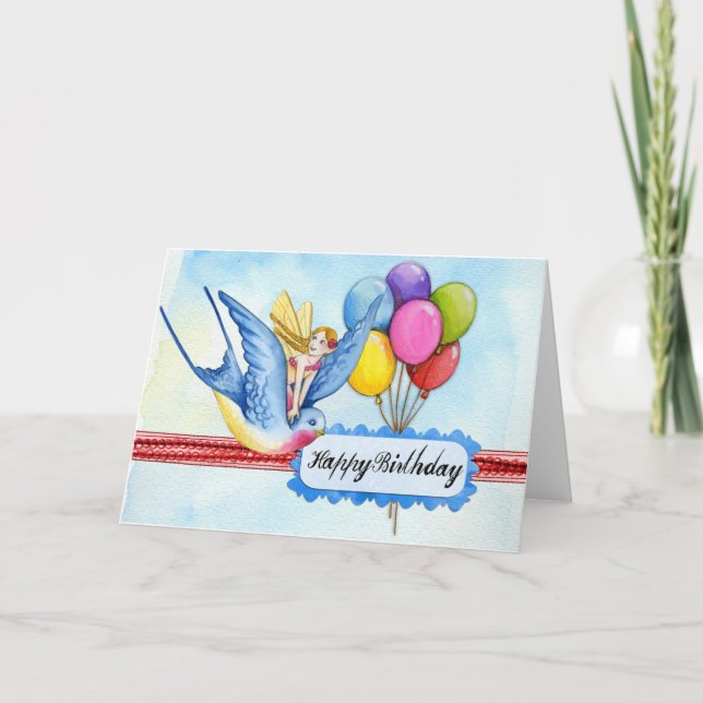 Carte Ajouter votre propre texte : Fée et oiseaux (Devant)
