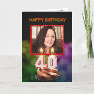 Carte Ajoutez une photo, 40e anniversaire avec gâteau et