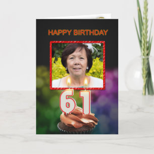 Carte Ajoutez une photo, 61e anniversaire avec gâteau et