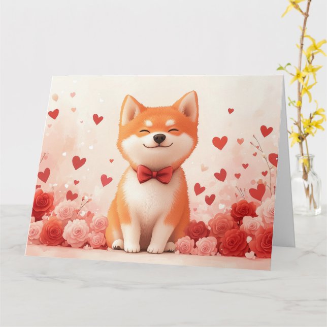 Carte Akita avec des roses - Saint-Valentin  (Fleur jaune)