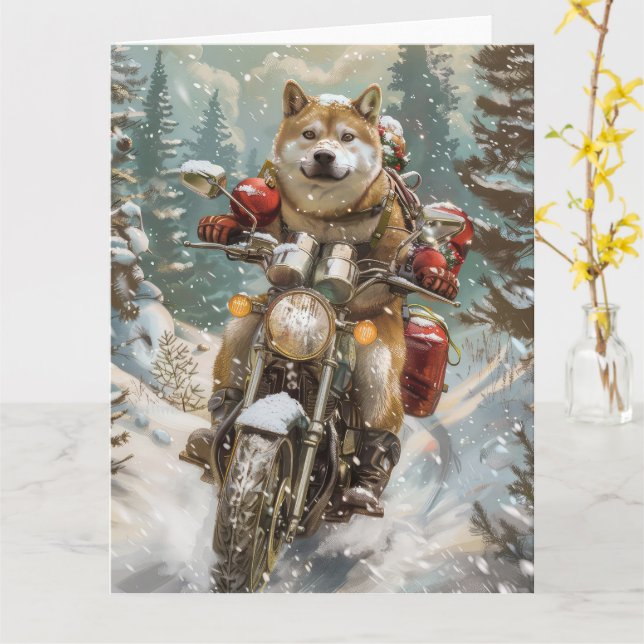 Carte Akita Chien équitation moto Noël (Fleur jaune)