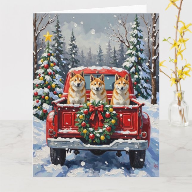 Carte Akita Christmas Red Truck Holiday (Fleur jaune)