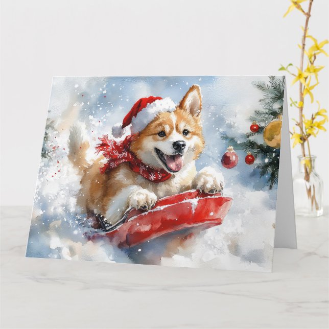 Carte Akita Dog dans la corniche laissez-le neiger Noël (Fleur jaune)
