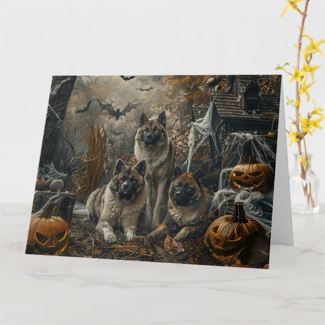 Carte Akita Halloween Chien de nuit plaisir (Fleur jaune)
