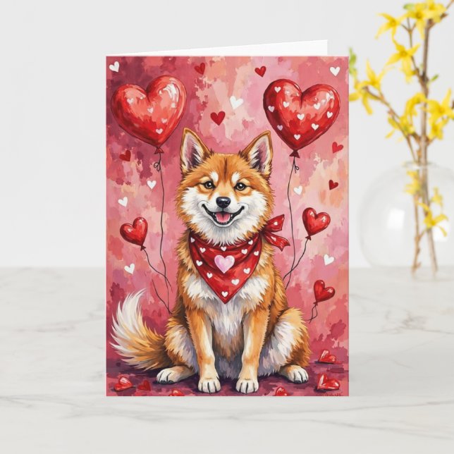 Carte Akita Inu Valentine Dog Sitting with Hearts Red (Fleur jaune)