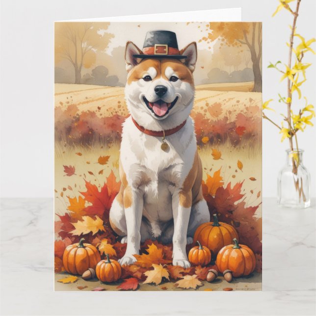 Carte Akita quitte l'automne Thanksgiving Art (Fleur jaune)