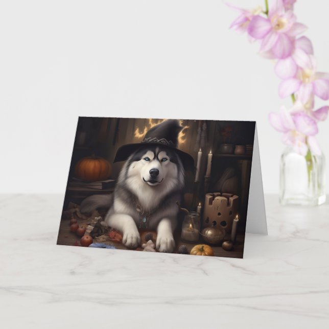 Carte Alaskan Malamute Citrouilles Halloween effrayant (Orchidée)