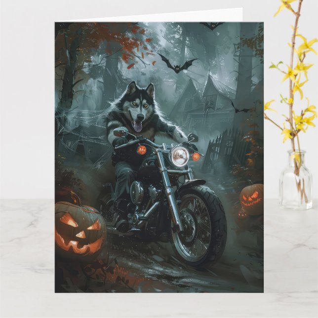 Carte Alaskan Malamute équitation moto Halloween effraya (Fleur jaune)