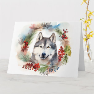 Carte Alaskan Malamute Festive de la couronne de Noël