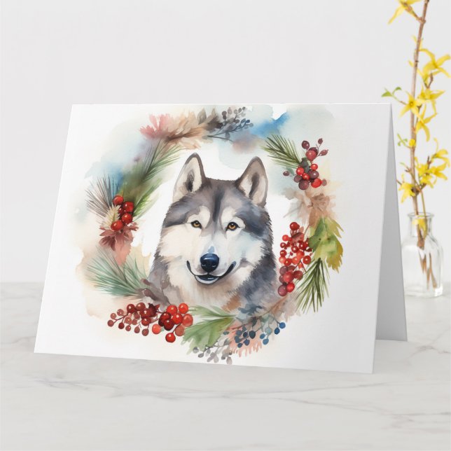 Carte Alaskan Malamute Festive de la couronne de Noël (Fleur jaune)