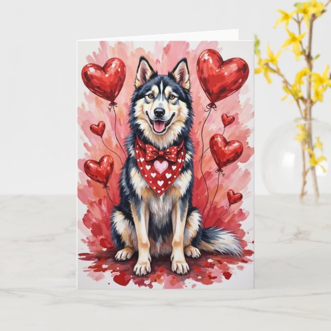 Carte Alaskan Malamute Valentine’s Day Dog with Hearts (Fleur jaune)