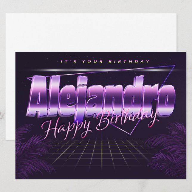 Carte Alejandro Nom Prénom lila retro Anniversaire (Devant / Derrière)