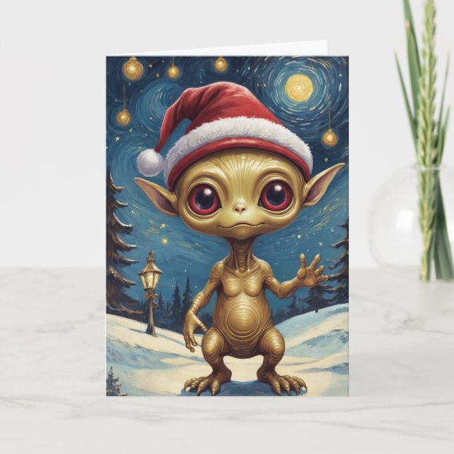 Carte Alien de nuit étoilé mignon Noël rétro (Devant)