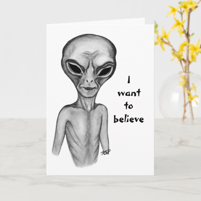 Carte Alien gris, je veux croire (Fleur jaune)
