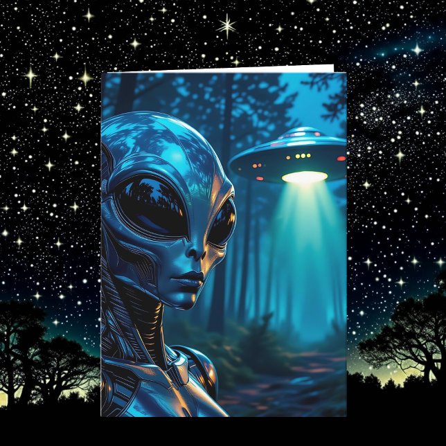 Carte Alien Metallic Futuristic Forest Scène Anniversair (Créateur téléchargé)