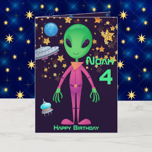 Carte Alien vert OVNI Ajouter un nom Age Anniversaire Ca