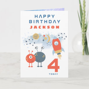 Carte Aliens Spaceship Age 4 Birthday Space White