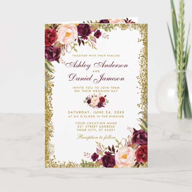 Carte All In One Burgundy Floral Parties scintillant Mar (Devant)