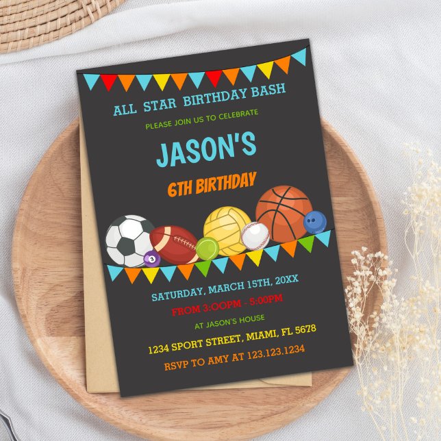 Carte All-Star Game Day Party pour enfants (Colors Flags Sports Birthday Invitations)