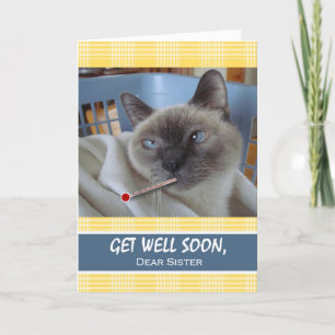Carte Allez bien bientôt pour Soeur, Chat malade dans le