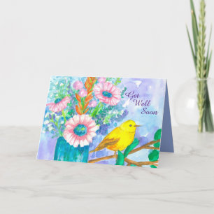 Carte Allez-Y Bientôt Bouquet Fleur Oiseau Jaune