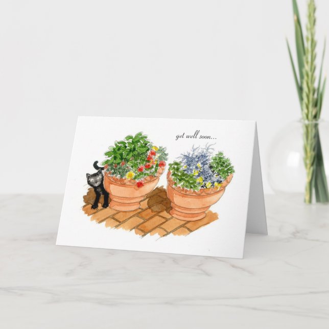 Carte Allez-y bientôt, chat et herbes. (Devant)