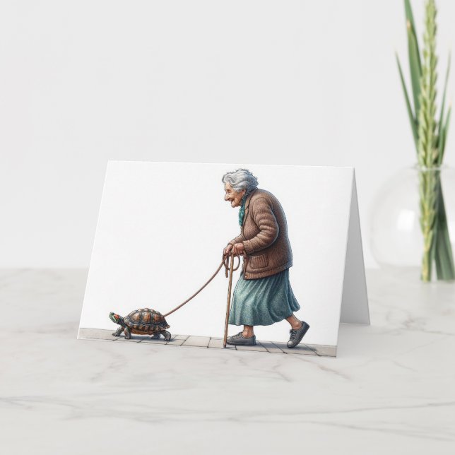 Carte Allez-y bientôt Vielle dame marchant sur une tortu (Devant)