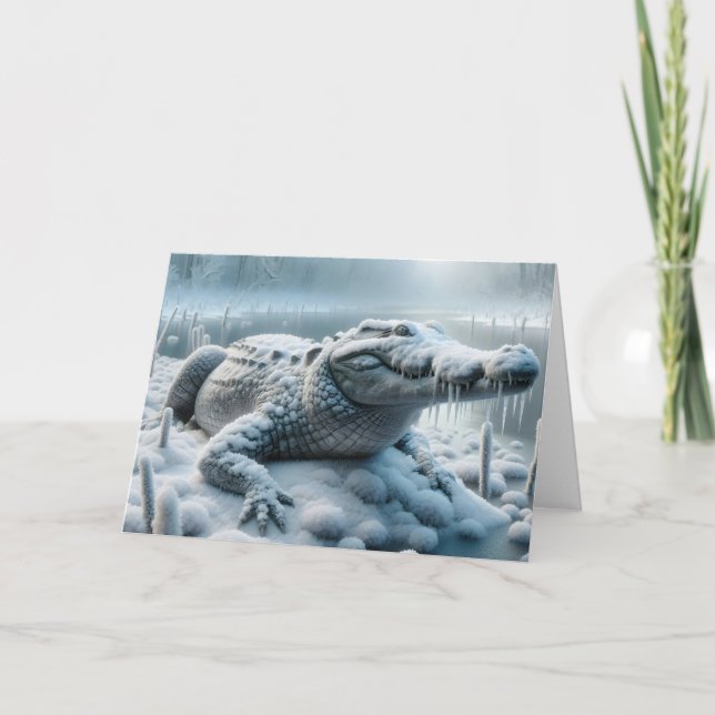 Carte Alligator D'Anniversaire Dans Un Marécage De Neige (Devant)