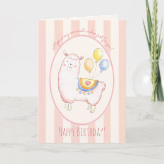 Carte Alpaca à l'aquarelle avec ballon rose pastel pour