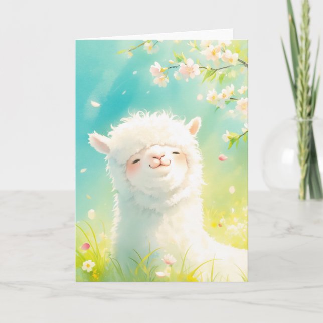 Carte Alpaca Basking dans les fleurs florales (Devant)