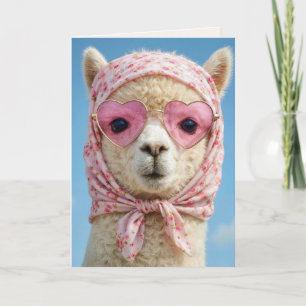 Carte Alpaca d'anniversaire portant un foulard et des lu