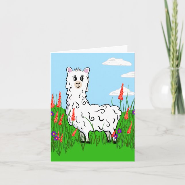 Carte Alpaca dans un champ de Lupine (Devant)