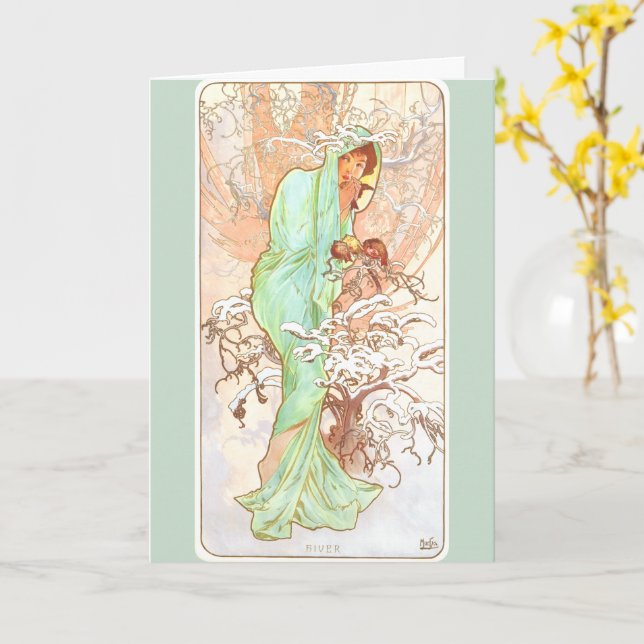 Carte Alphonse Mucha Hiver Vintage Art Nouveau peinture (Fleur jaune)