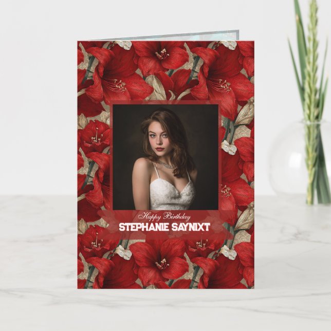 Carte Amaryllis Rouge Jardin Jalons Anniversaire Boho (Devant)