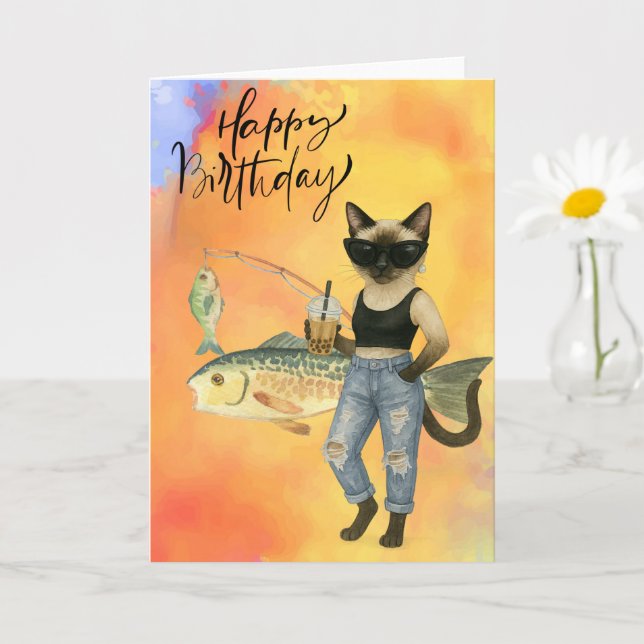 Carte Amateurs de pêche au chat Joyeux anniversaire (Petite plante)