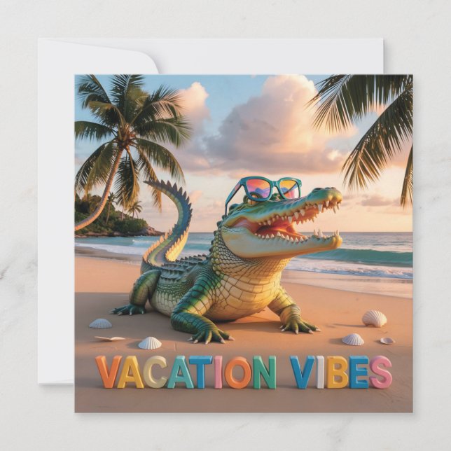 Carte "Ambiance de vacances" Crocodile cool sur la plage (Devant)