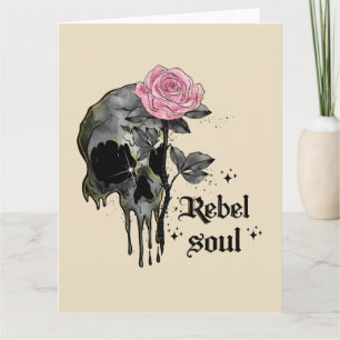 Carte Âme Rebelle - Crâne Gothique avec Rose Rose