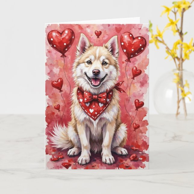 Carte American Eskimo Dog Valentine’s Day with Hearts (Fleur jaune)