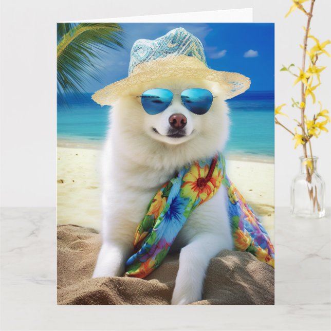 Carte American Eskimo on Beach, cadeau d'été pour amoure (Fleur jaune)