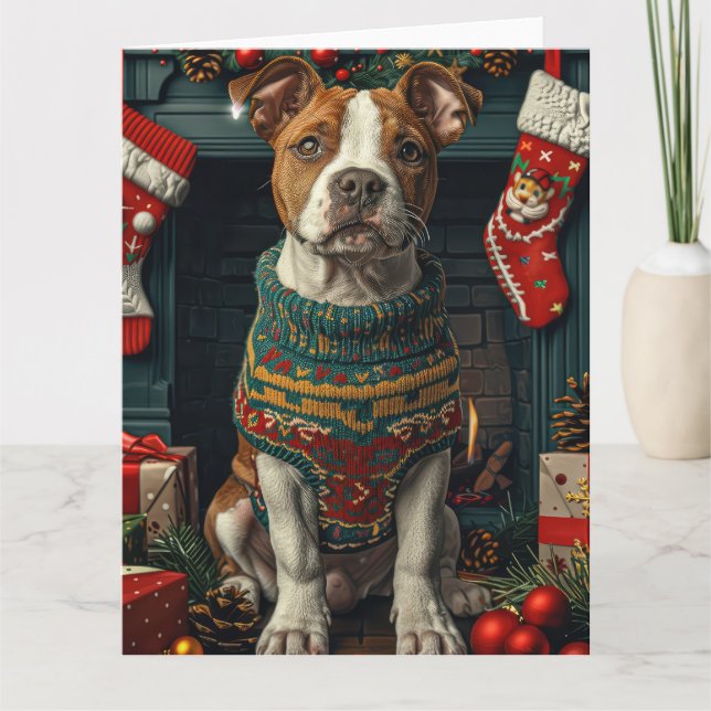 Carte American Staffordshire Chien Avec Cadeaux De Noël (Devant)