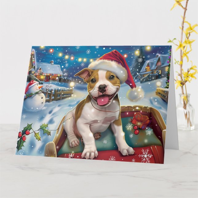Carte American Staffordshire in Sleigh Snow Christmas (Fleur jaune)