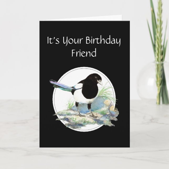Carte Ami, Ami Anniversaire, Magpie Aquarelle Oiseau (Devant)