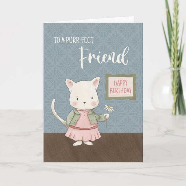 Carte Ami Anniversaire Kitty dans une robe Tenue Fleur (Devant)