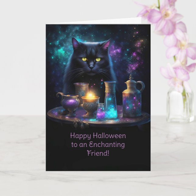 Carte Ami Halloween avec chat noir et potions magiques (Orchidée)