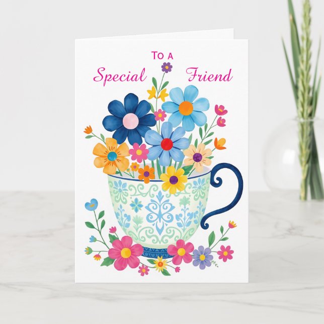 Carte Ami Spécial Théière & Fleur Anniversaire (Devant)